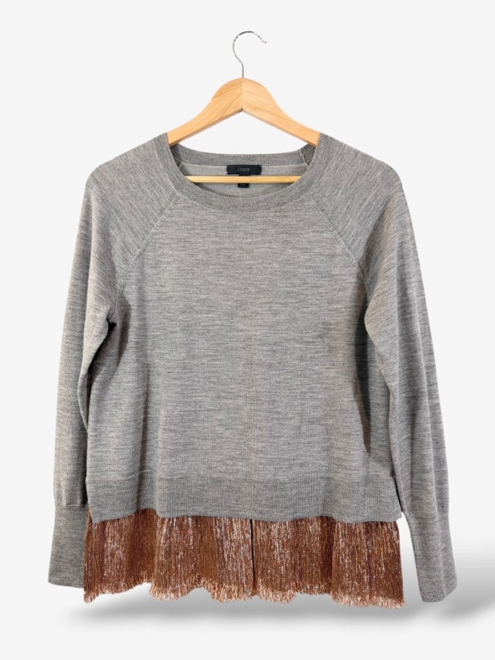 J. Crew Gray Merino Wool Sweater Size S Copper Brown Metallic Trim Preppy Casual